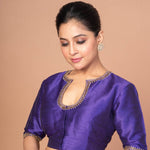 Blue Raw Silk Blouse with Hand Embroidery, Scoop Neckline & Elbow Sleeves - Anvi Couture
