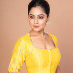 Yellow Raw Silk Blouse with Hand Embroidery, Round Neckline & Elbow Sleeves - Anvi Couture