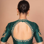 Bottle Green Silk Blouse with Embroidered Neckline & Full Embroidered Elbow Sleeves - Anvi Couture