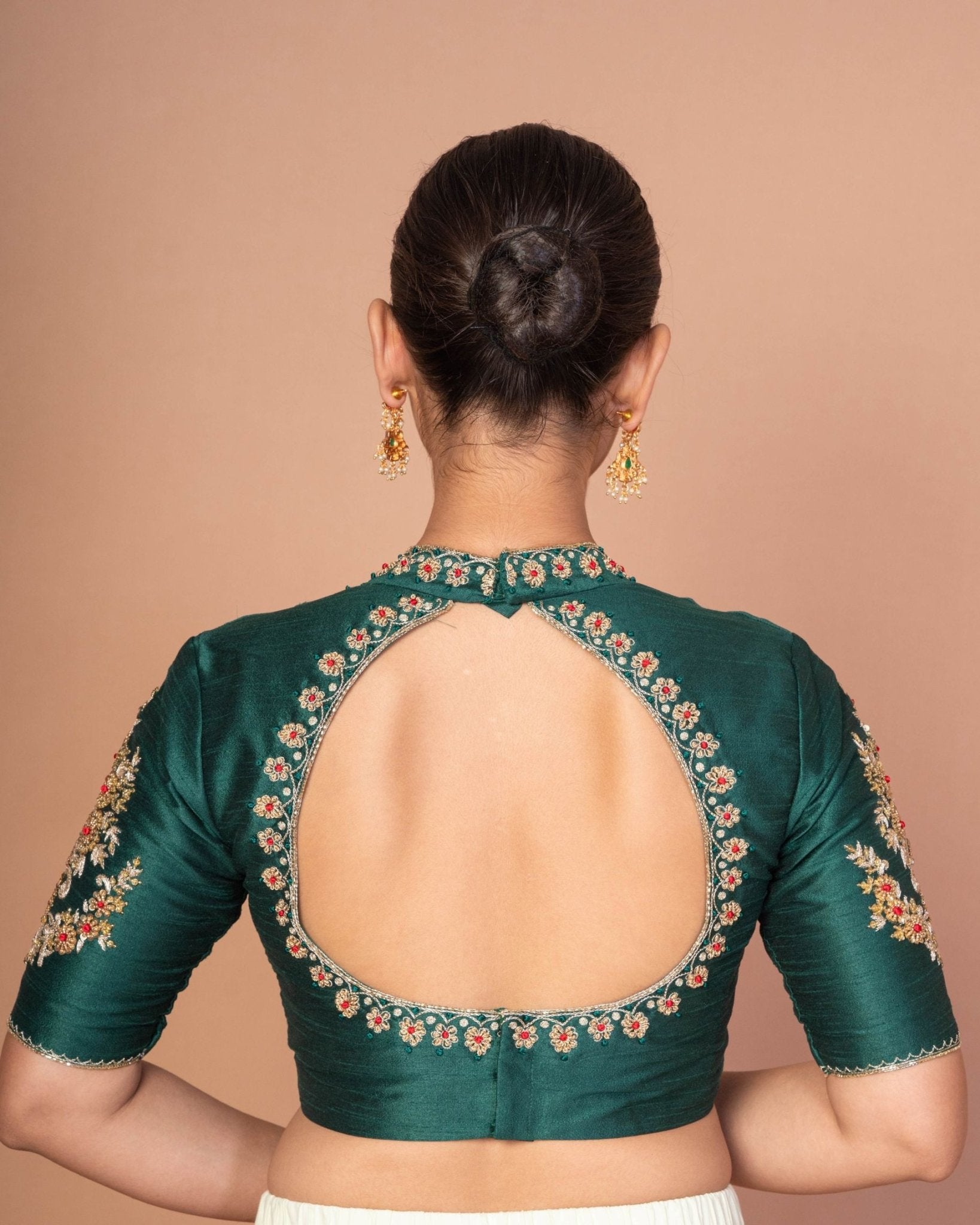 Bottle Green Silk Blouse with Embroidered Neckline & Full Embroidered Elbow Sleeves - Anvi Couture
