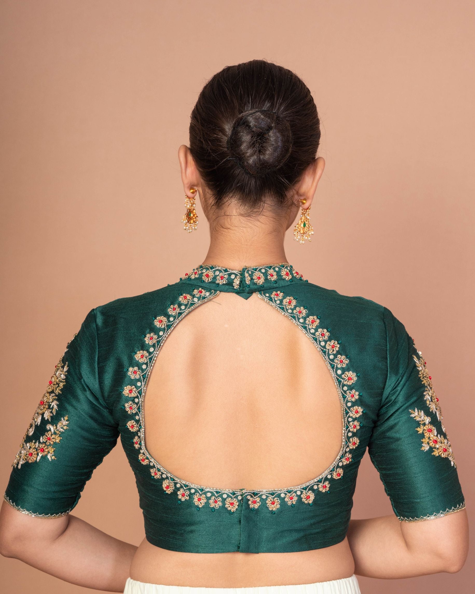 Bottle Green Silk Blouse with Embroidered Neckline & Full Embroidered Elbow Sleeves image 1