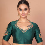 Bottle Green Silk Blouse with Embroidered Neckline & Full Embroidered Elbow Sleeves - Anvi Couture