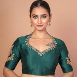 Bottle Green Silk Blouse with Embroidered Neckline & Full Embroidered Elbow Sleeves - Anvi Couture