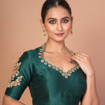 Bottle Green Silk Blouse with Embroidered Neckline & Full Embroidered Elbow Sleeves - Anvi Couture