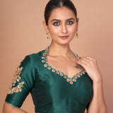 Bottle Green Silk Blouse with Embroidered Neckline & Full Embroidered Elbow Sleeves - Anvi Couture
