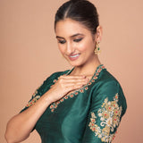 Bottle Green Silk Blouse with Embroidered Neckline & Full Embroidered Elbow Sleeves - Anvi Couture