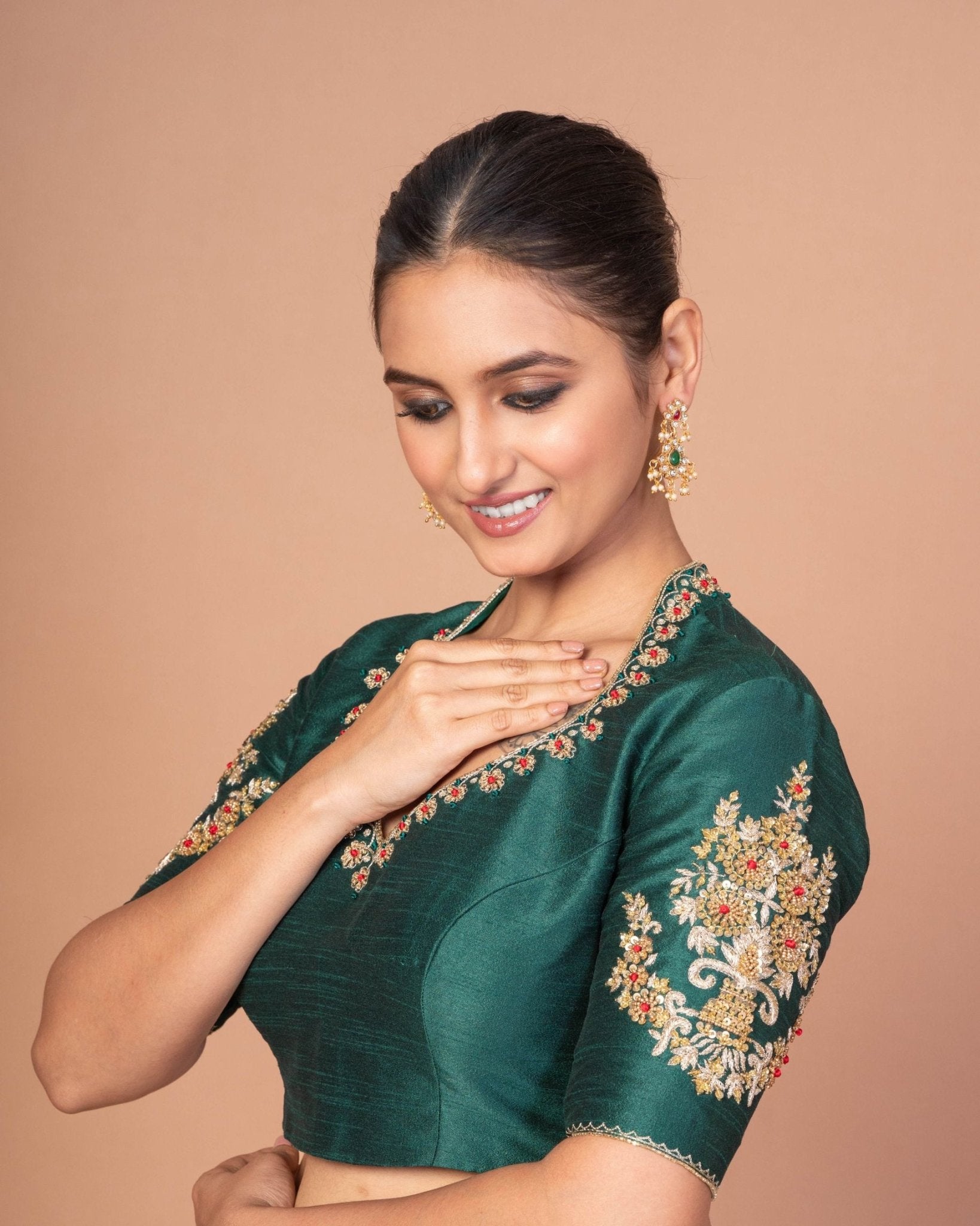 Bottle Green Silk Blouse with Embroidered Neckline & Full Embroidered Elbow Sleeves - Anvi Couture