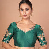 Dark Green Silk Blouse with Hand - Embroidered Elbow Sleeves & Border - Anvi Couture