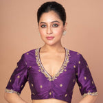 Purple Raw Silk Hand Embroidered Blouse with V Neckline and Elbow Sleeves - Anvi Couture