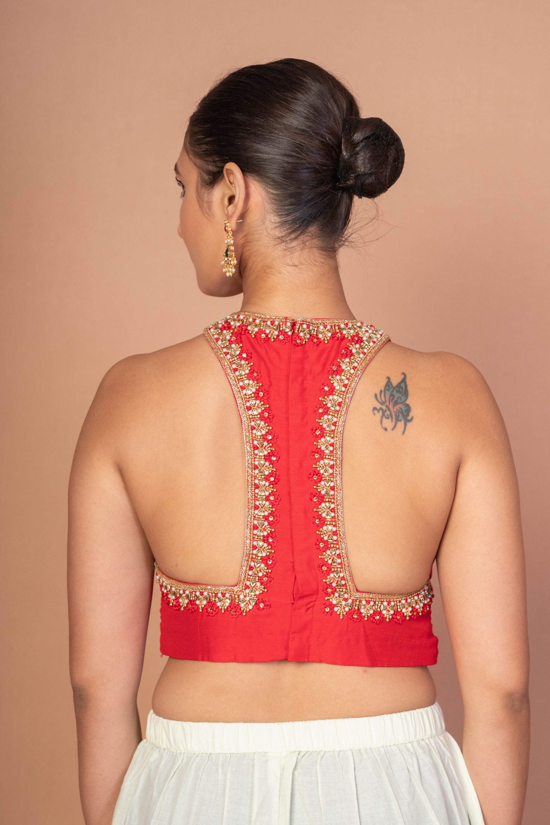 Red Hand Embroidered Blouse with Moderen Front and Back cutout image 4