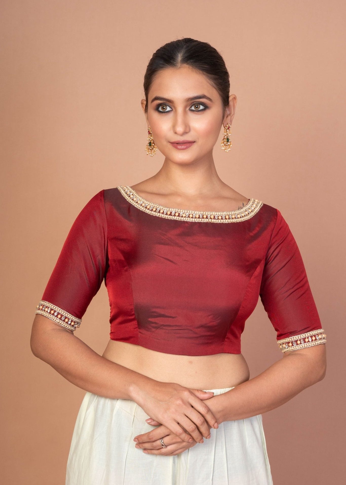 Maroon Hand Embroidered Boat Neck Silk Blouse with Square Back Cutout - Anvi Couture