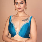Blue Raw Silk Plunging Sweetheart Neckline With Back Deep Cut - Out - Anvi Couture