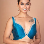 Blue Raw Silk Plunging Sweetheart Neckline With Back Deep Cut - Out - Anvi Couture