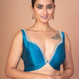 Blue Raw Silk Plunging Sweetheart Neckline With Back Deep Cut - Out - Anvi Couture
