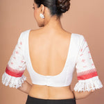 White and Red Jamdani Blouse with Lace Border with Sweet heart Neckline - Anvi Couture