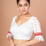 White and Red Jamdani Blouse with Lace Border with Sweet heart Neckline - Anvi Couture