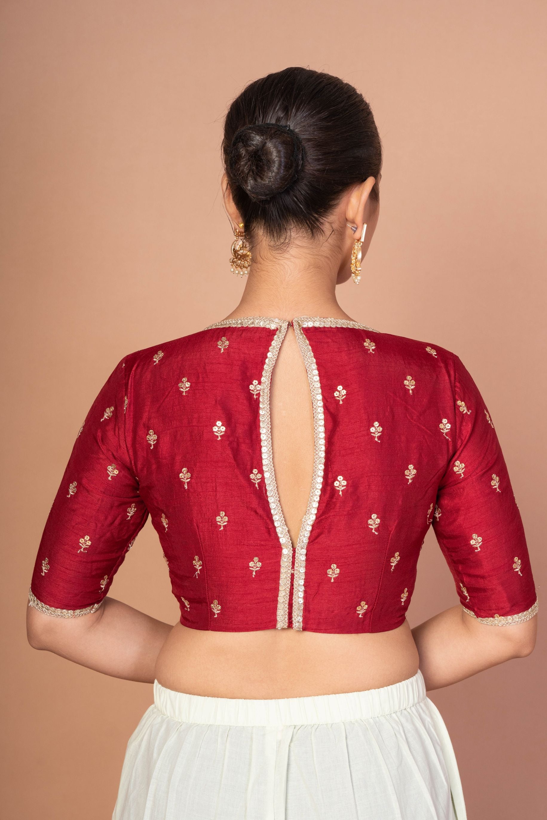 Marron Raw silk floral Embroidered Boat Neck Blouse with Golden Border
image 4