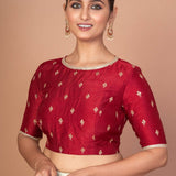 Maroon Raw silk floral Embroidered Boat Neck Blouse with Golden Border - Anvi Couture