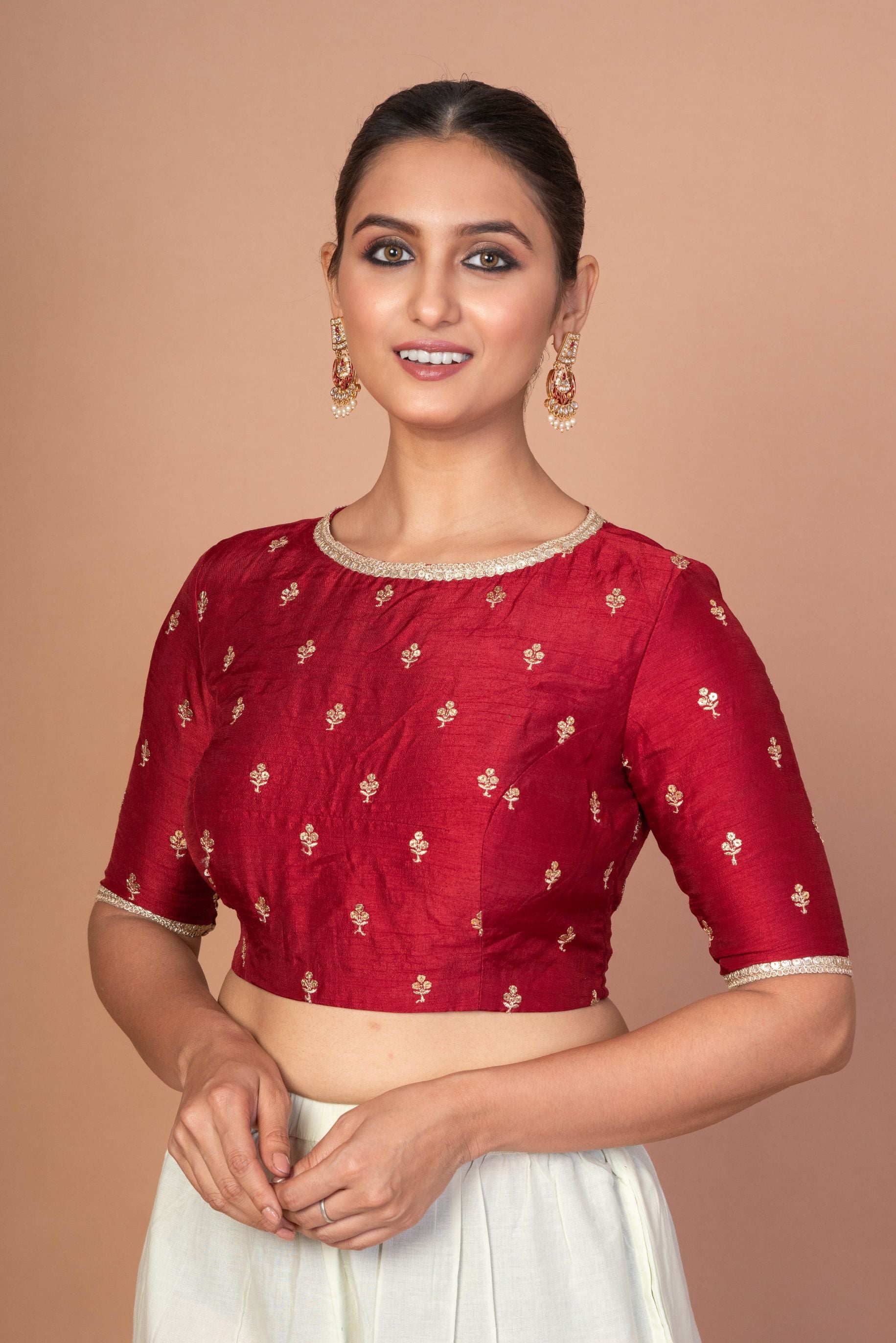 Marron Raw silk floral Embroidered Boat Neck Blouse with Golden Border
image 2