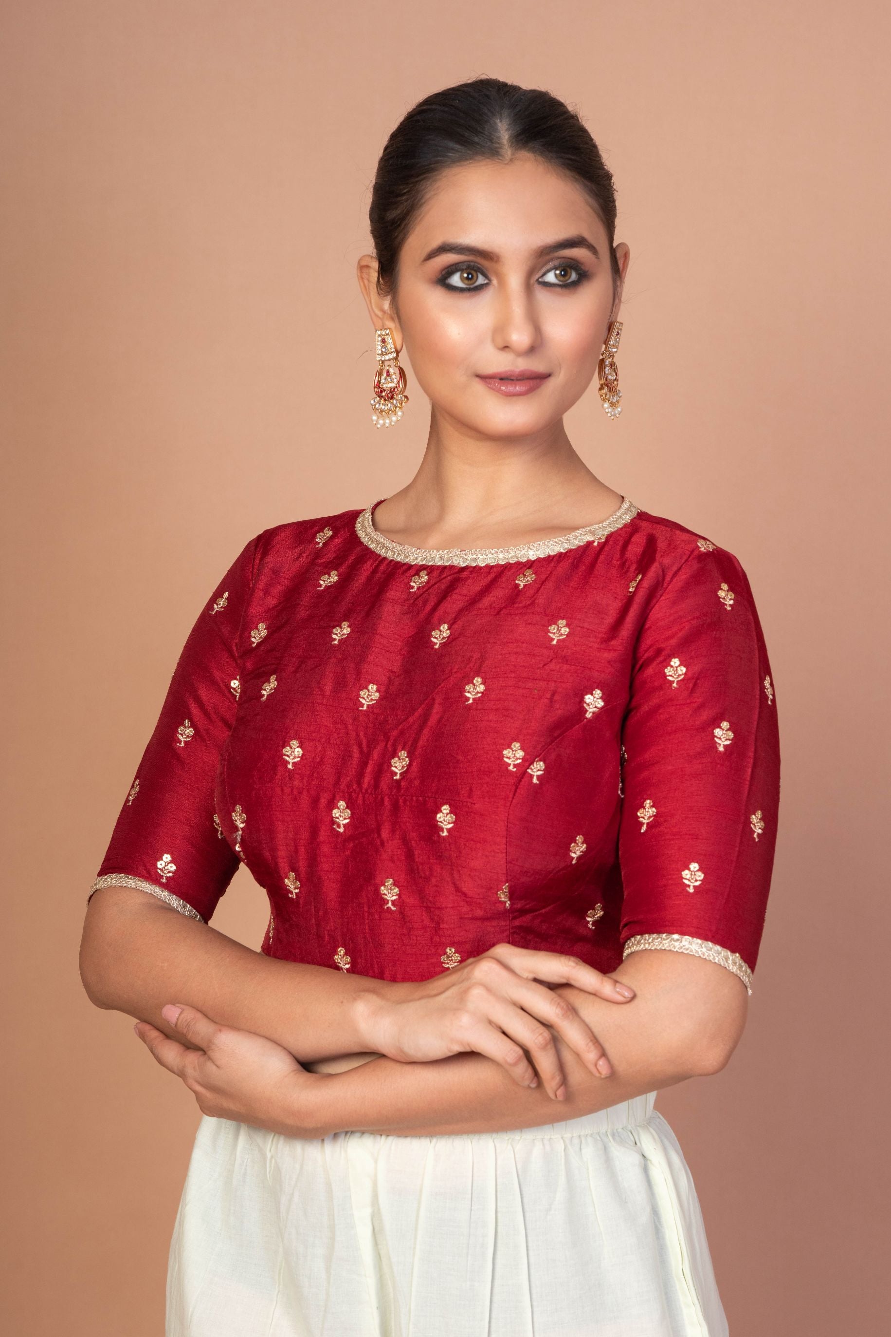 Marron Raw silk floral Embroidered Boat Neck Blouse with Golden Border
image 3