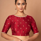 Maroon Raw silk floral Embroidered Boat Neck Blouse with Golden Border - Anvi Couture