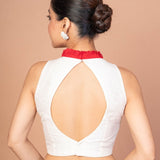 White Raw Silk sleeveless Blouse with Red Ruffle collar - Anvi Couture