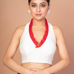 White Raw Silk sleeveless Blouse with Red Ruffle collar - Anvi Couture