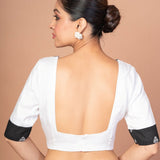 Black and White Designer Cotton Silk Blouse with Elbow Sleeves - Anvi Couture