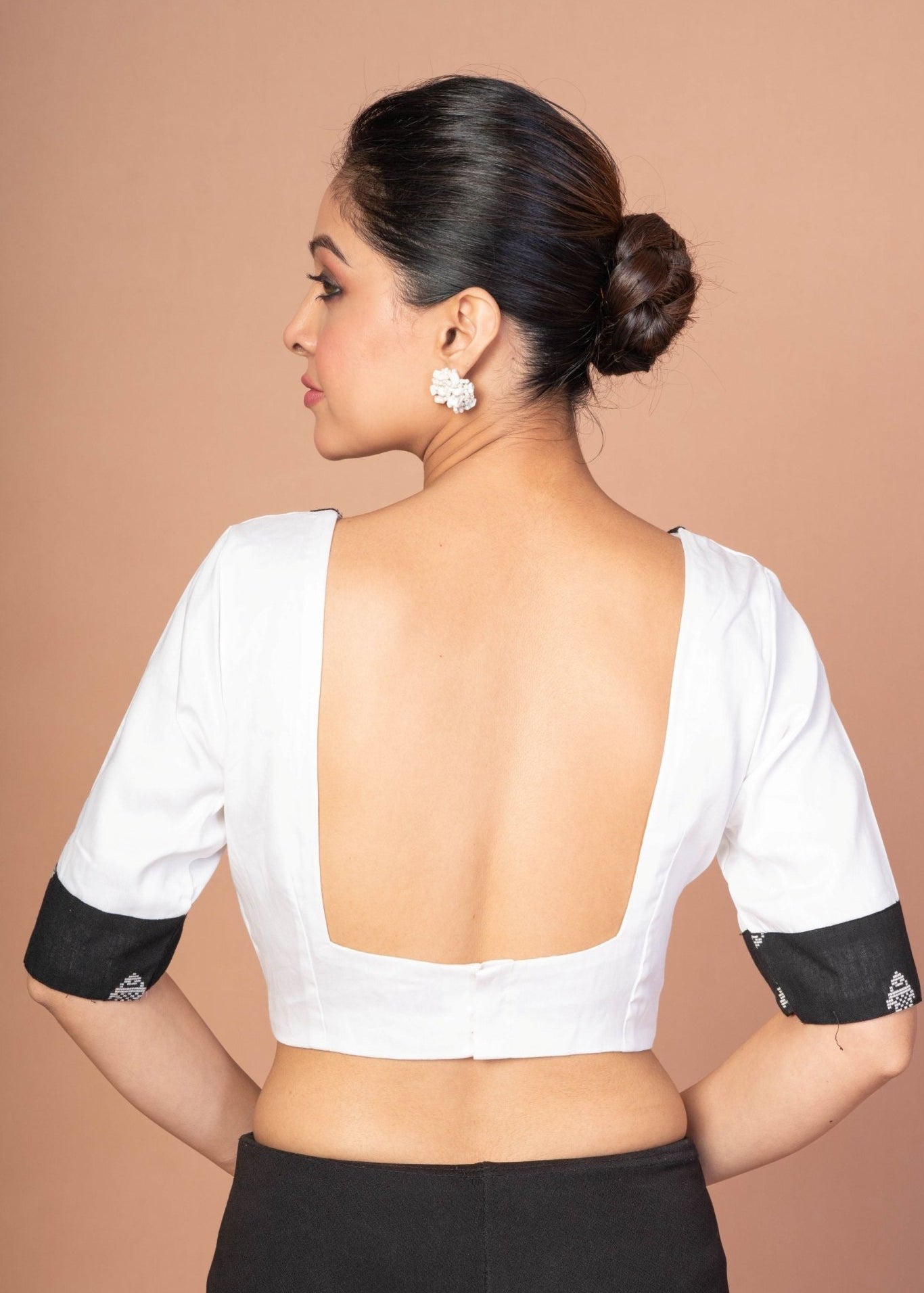 Black and White Designer Cotton Silk Blouse with Elbow Sleeves - Anvi Couture