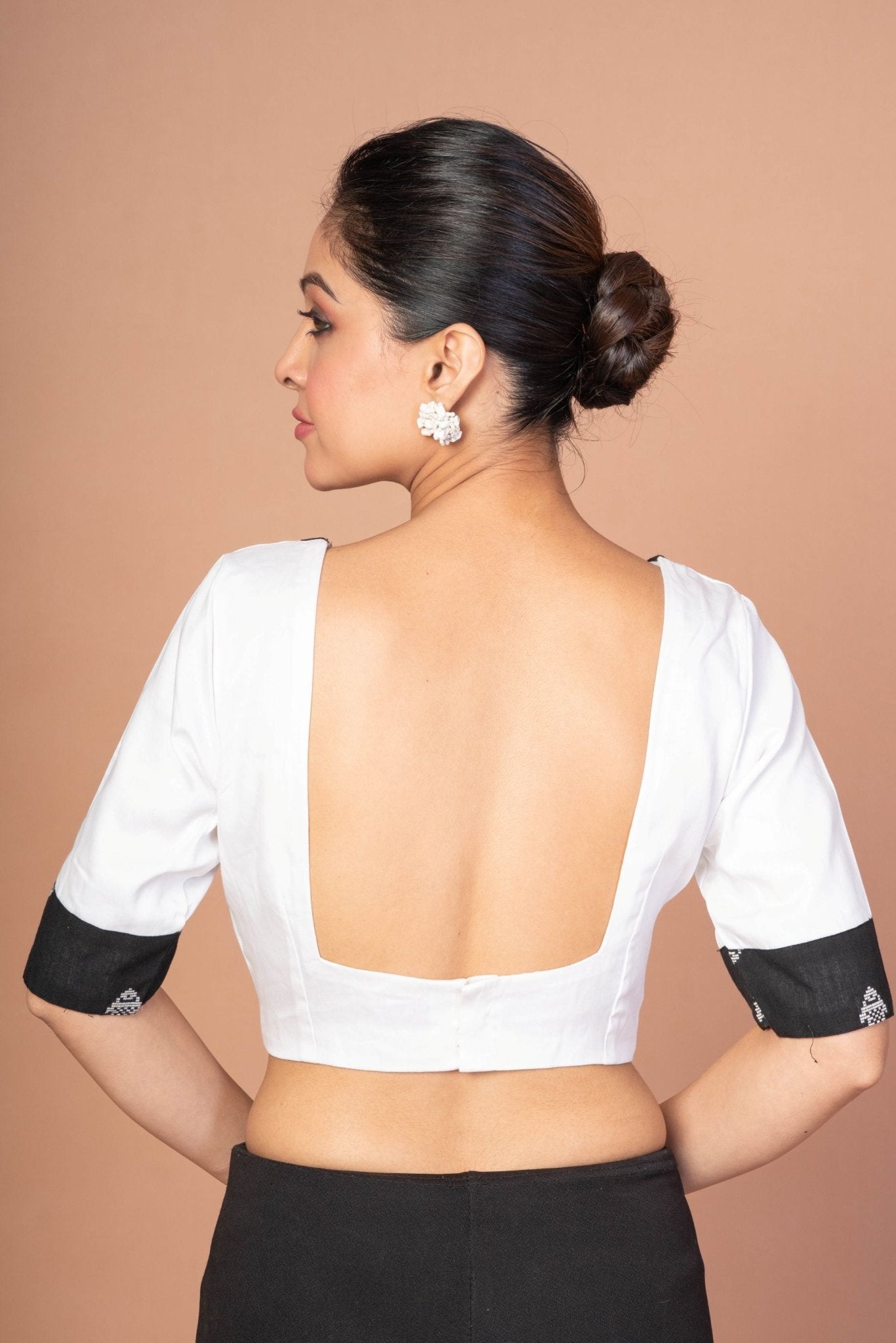 Black and White Designer Cotton Silk Blouse with Elbow Sleeves - Anvi Couture