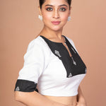 Black and White Designer Cotton Silk Blouse with Elbow Sleeves - Anvi Couture