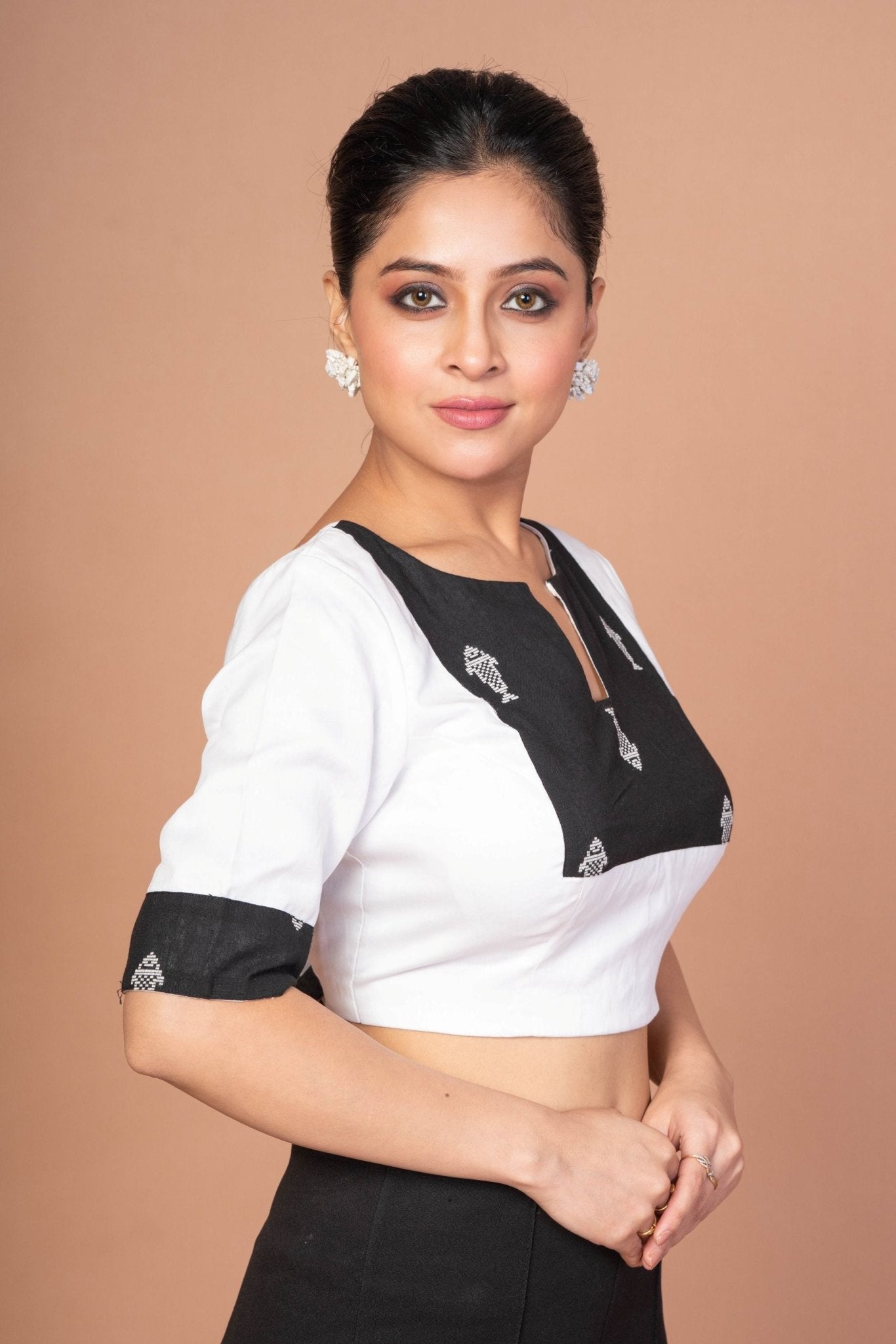 Black and White Designer Cotton Silk Blouse with Elbow Sleeves - Anvi Couture