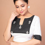 Black and White Designer Cotton Silk Blouse with Elbow Sleeves - Anvi Couture
