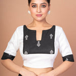 Black and White Designer Cotton Silk Blouse with Elbow Sleeves - Anvi Couture