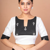 Black and White Designer Cotton Silk Blouse with Elbow Sleeves - Anvi Couture