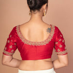 Red Hand Embroidered Raw Silk Blouse with Round Neckline - Anvi Couture