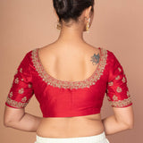 Red Hand Embroidered Raw Silk Blouse with Round Neckline - Anvi Couture