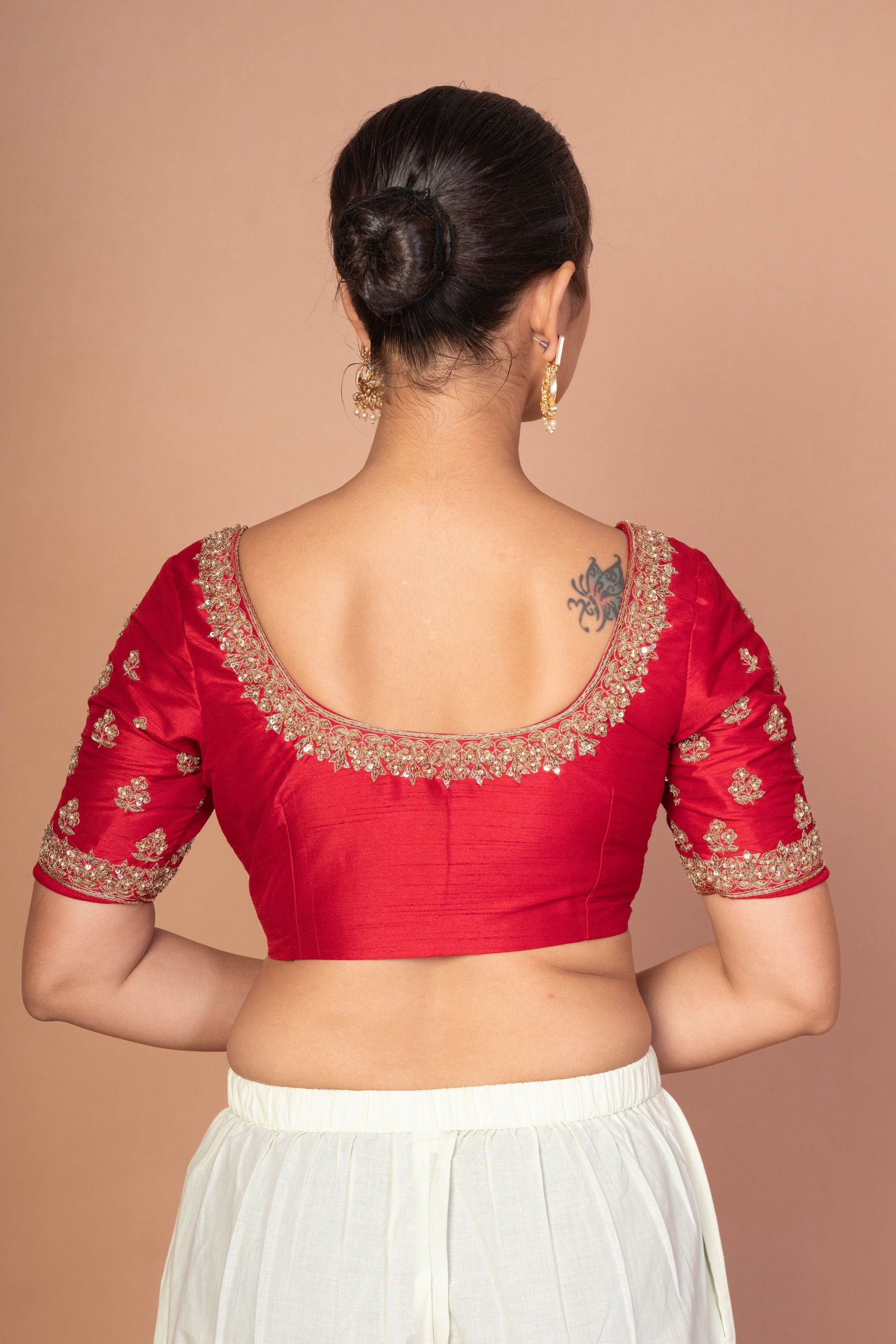 Red Hand Embroidered Raw Silk Blouse with Round Neckline img 4
