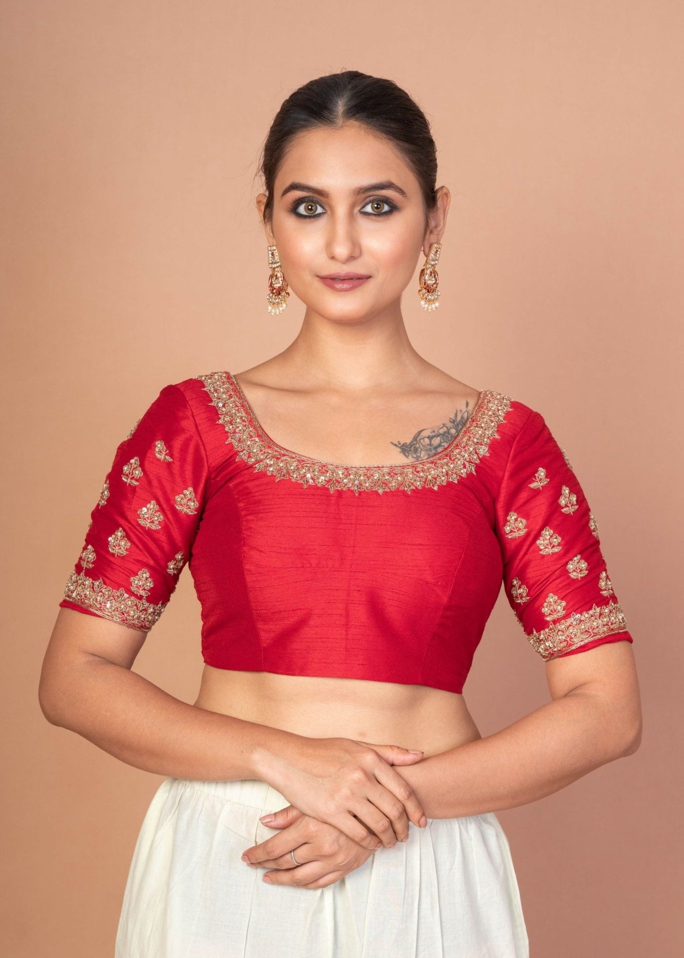 Red Hand Embroidered Raw Silk Blouse with Round Neckline - Anvi Couture