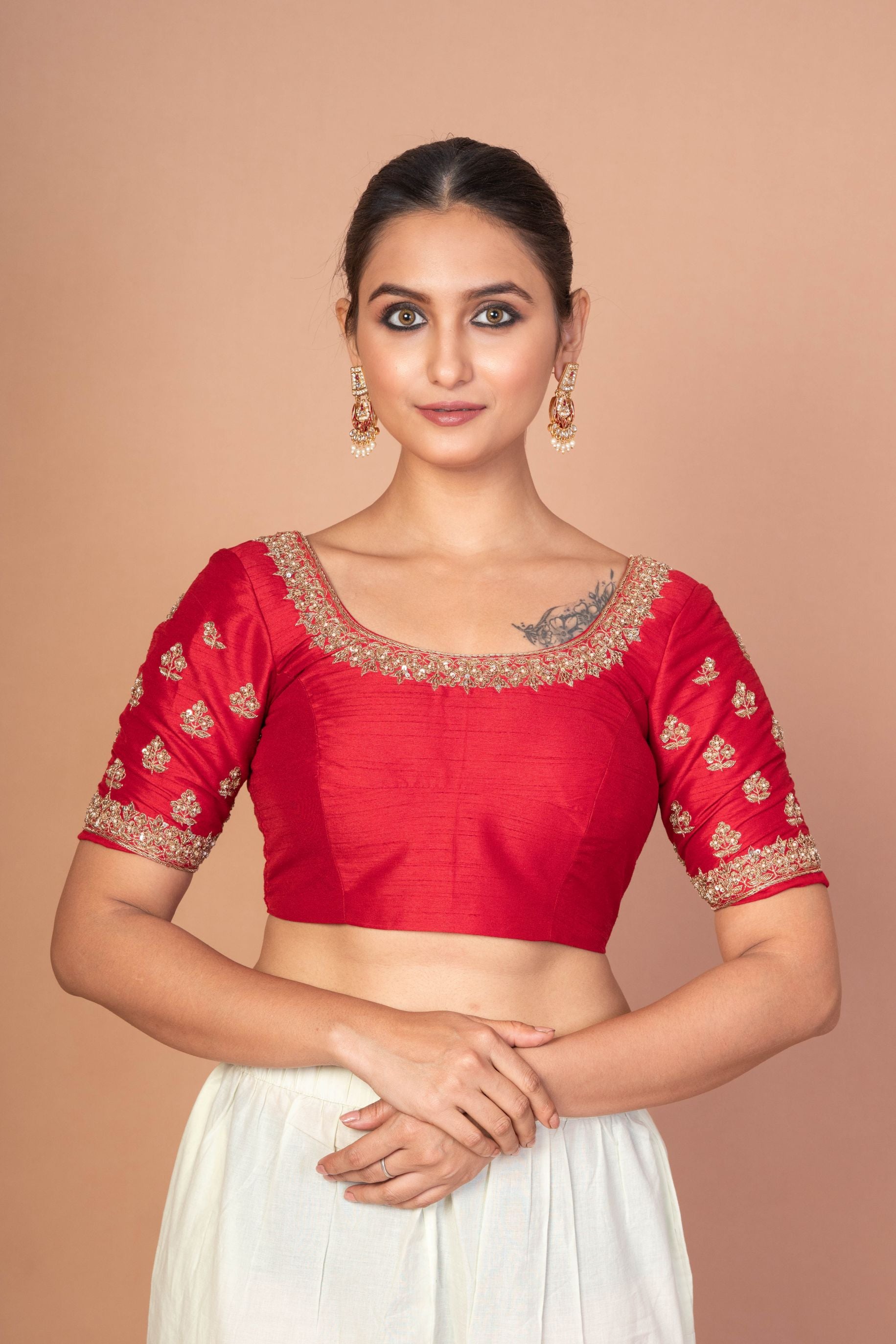 Red Hand Embroidered Raw Silk Blouse with Round Neckline img 1