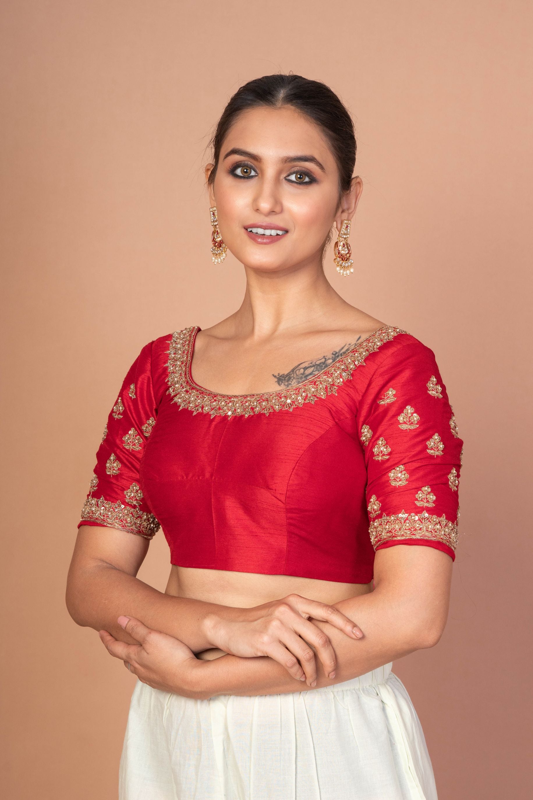 Red Hand Embroidered Raw Silk Blouse with Round Neckline img 3