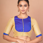 Blue and Golden Designer Blouse with Elbow Sleeves with Back Closer - Anvi Couture