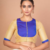 Blue and Golden Designer Blouse with Elbow Sleeves with Back Closer - Anvi Couture