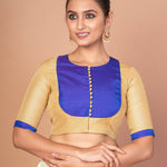 Blue and Golden Designer Blouse with Elbow Sleeves with Back Closer - Anvi Couture