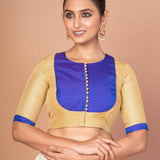 Blue and Golden Designer Blouse with Elbow Sleeves with Back Closer - Anvi Couture