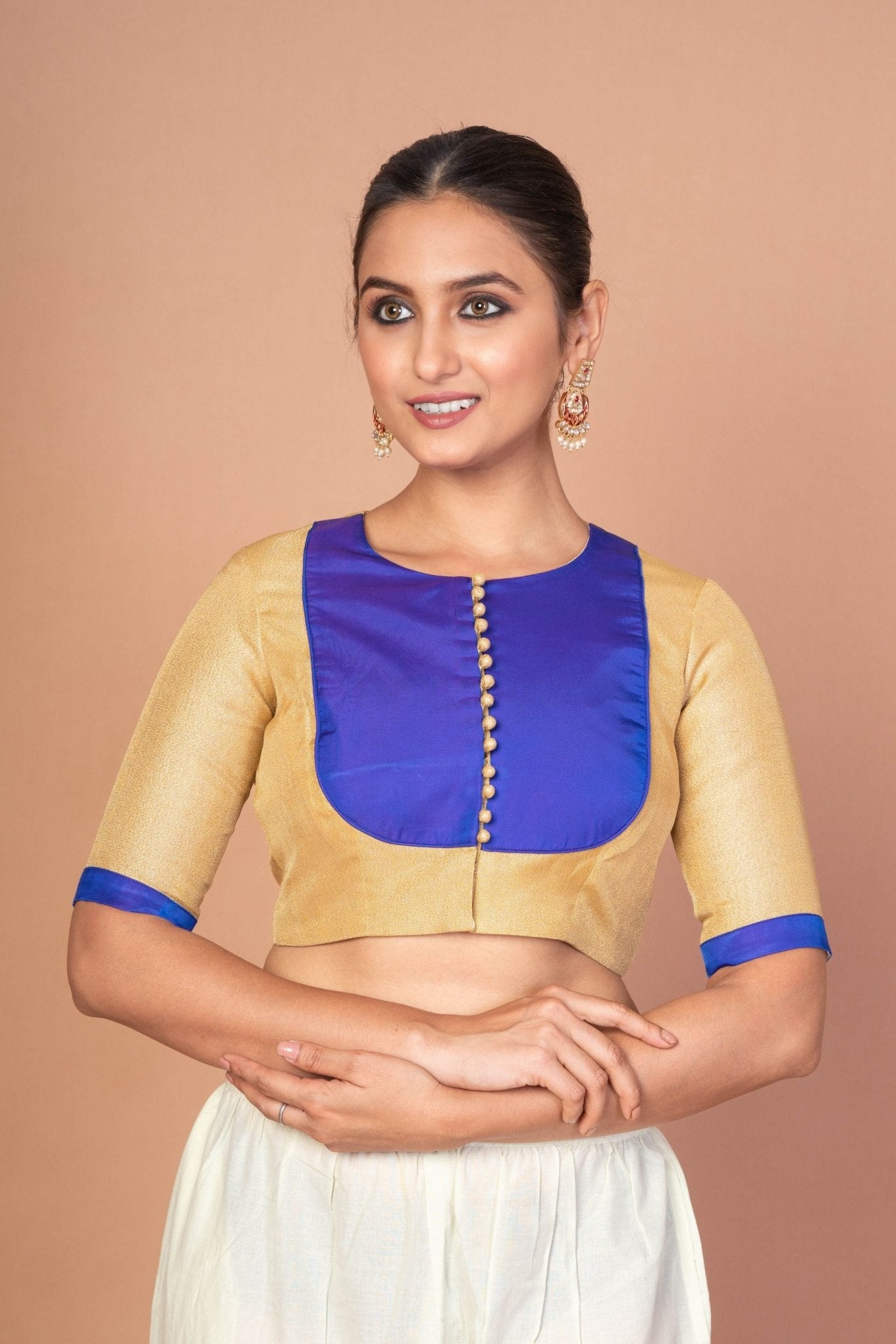 Blue and Golden Designer Blouse with Elbow Sleeves with Back Closer - Anvi Couture