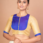 Blue and Golden Designer Blouse with Elbow Sleeves with Back Closer - Anvi Couture