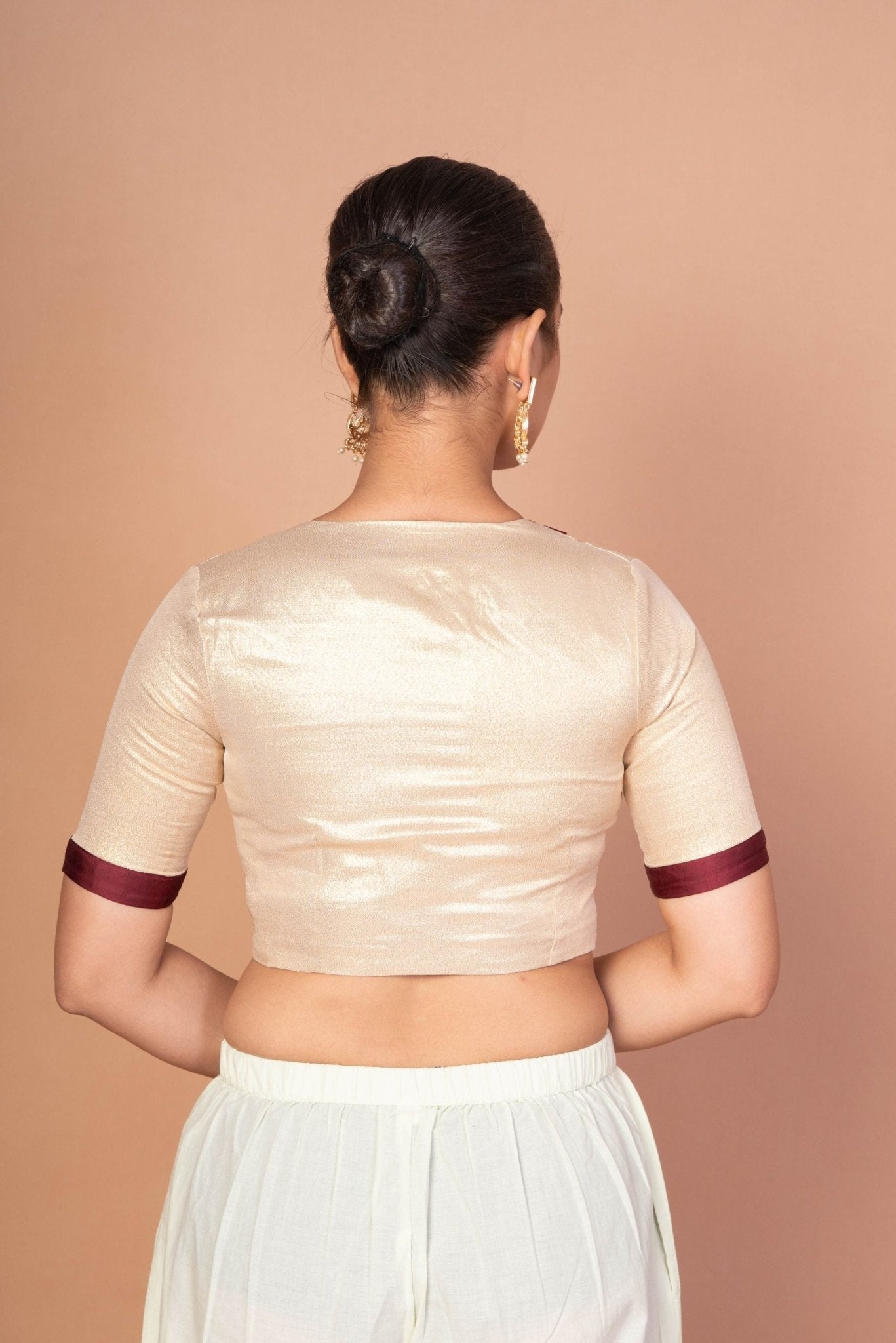 Maroon and Golden Designer Blouse with Elbow Sleeves with Back Closer - Anvi Couture