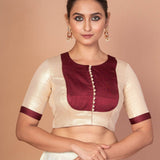 Maroon and Golden Designer Blouse with Elbow Sleeves with Back Closer - Anvi Couture