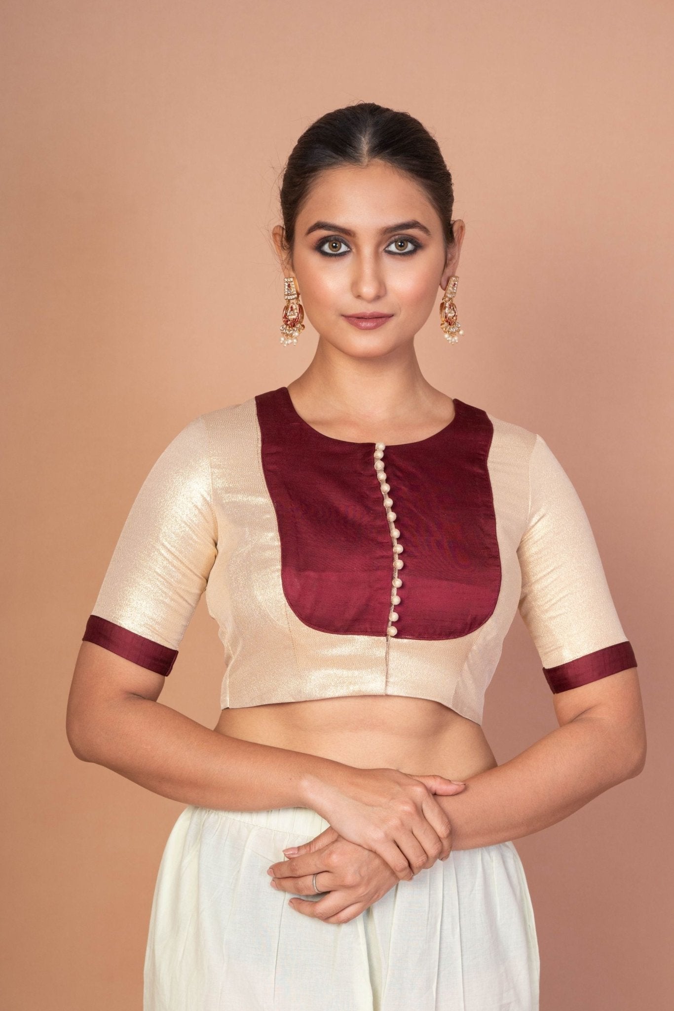 Maroon and Golden Designer Blouse with Elbow Sleeves with Back Closer - Anvi Couture